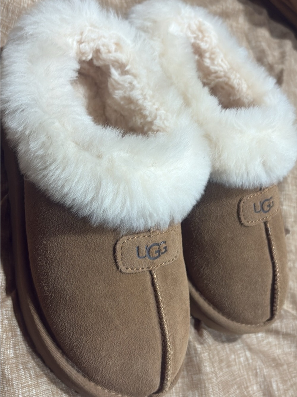 UGG Chestnut Suede Slippers with Cream Sheepskin Cuff